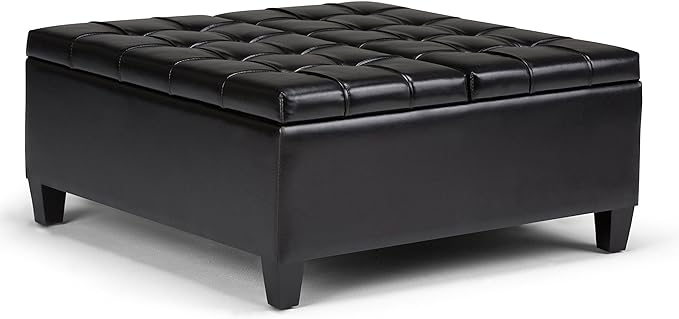 SIMPLIHOME Harrison 36 inch Wide Transitional Square Coffee Table Storage Ottoman in Midnight Black Vegan Faux Leather, Assembled, For the Living Room and Bedroom