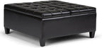 SIMPLIHOME Harrison 36 inch Wide Transitional Square Coffee Table Storage Ottoman in Midnight Black Vegan Faux Leather, Assembled, For the Living Room and Bedroom