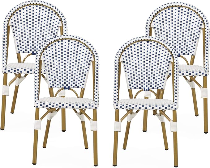 Christopher Knight Home Philomena Outdoor French Bistro Chair (Set of 4), Blue + White + Bamboo Print Finish