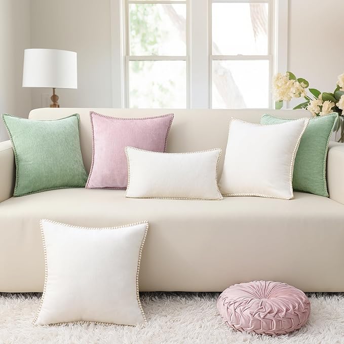 decorUhome Chenille Soft Throw Pillow Covers 18x18 Set of 2, Farmhouse Velvet Neutral Decorative Euro Pillow Covers with Stitched Edge for Couch Sofa Bed Home Decor, Blush Pink