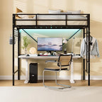 Loft Bed Twin,Loft Bed with Built-in Power Outlet LED Lights,Clothing Hanger,Storage Pouch,Heavy Duty Metal Safety Guard Rail for Kids Teens Adults,No Box Spring Needed,Black