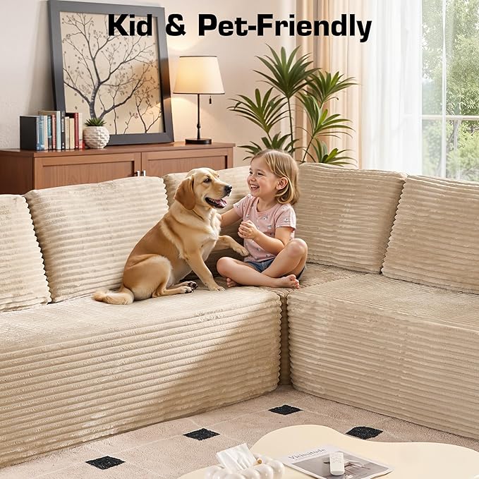 Weaxty Cloud Sectional Couch for Living Room, Oversized U Shaped Boneless Couches, Plush Corduroy Memory Foam Deep Seat Floor Sofa, No Assembly Required，Beige