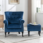 chairus Mid-Century Modern Accent Chair with Ottoman, Comfy Velvet Single Sofa Chair Button Tufted Wingback Armchair with Pillow for Living Room/Bedroom/Club - Blue
