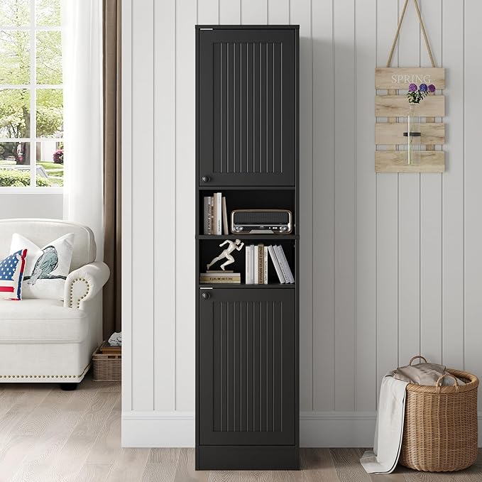 Farmhouse Bathroom Cabinet with 2 Doors, 67" Tall Slim Freestanding Cabinet, Narrow Floor Storage Unit with Open Shelf and Adjustable Shelves for Bathroom, Living Room, Kitchen, Black