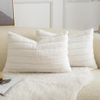 Pack of 2 Faux Fur Throw Pillow Covers 12x20 Inch Striped Decorative Soft Plush Couch Pillow Case Home Decor for Bed, Sofa, Living Room Cream White