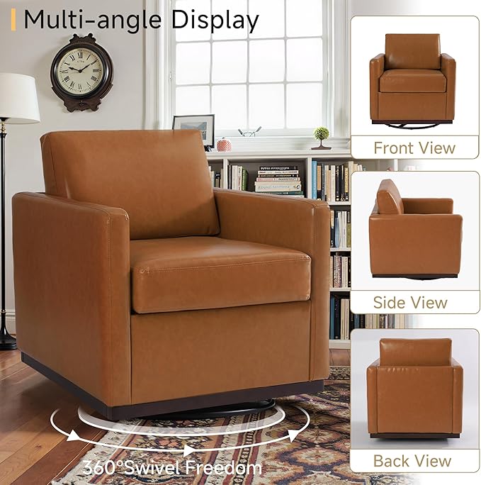 Pia Ricco Single Swivel Barrel Chair, Modern Accent Armchair in Easy-Clean PU Leather, Mid-Century Style for Living Room or Home Office, Brown