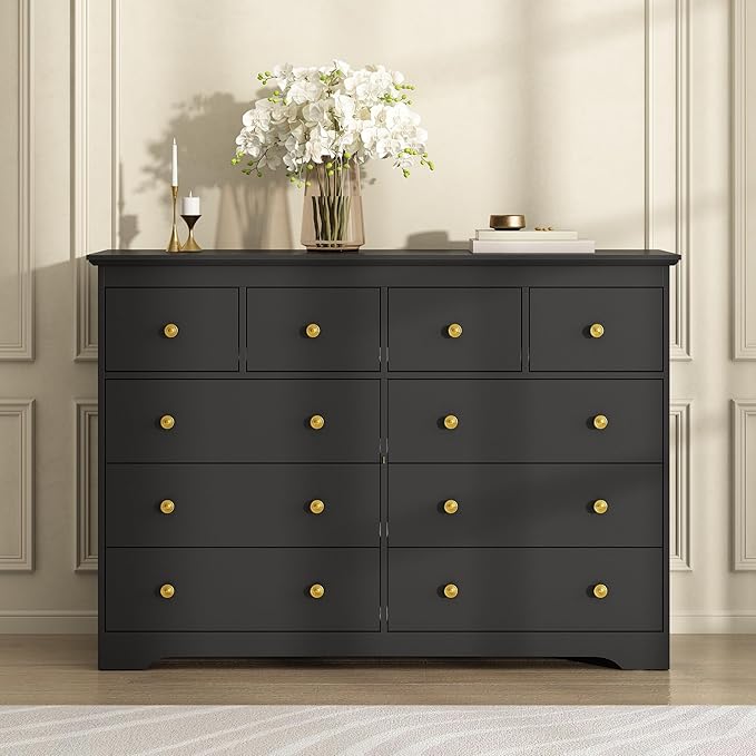 Black Dresser for Bedroom, 10 Drawer Dresser with Large Drawers, 55 Inch Wide Wood Chest for Living Room, Hallway