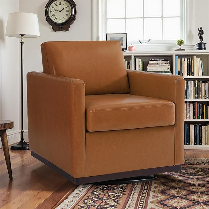 Pia Ricco Easy to Clean PU Swivel Barrel Chair Set of 2, Modern Faux Leather Accent Armchair, Mid-Century Style for Living Room & Office, Vegan Leather, Brown