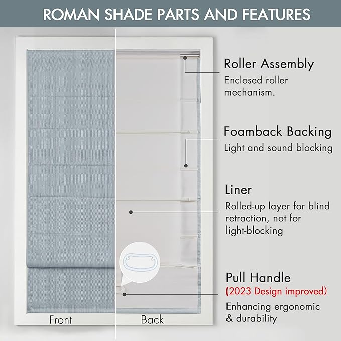 Madison Park Galen Cordless Roman Shade, 29"W x 64"H, Sheen Blue – Room Darkening, Thermal Insulated, Energy Efficient Window Blind with Subtle Sheen Basketweave Fabric for Privacy