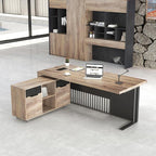 70.87 Inch L Shaped Executive Office Desk with 2 Drawers, Modern Home Office with File Cabinet, Business Furniture W/Stand Under Storage Organizer with 4 Wheels