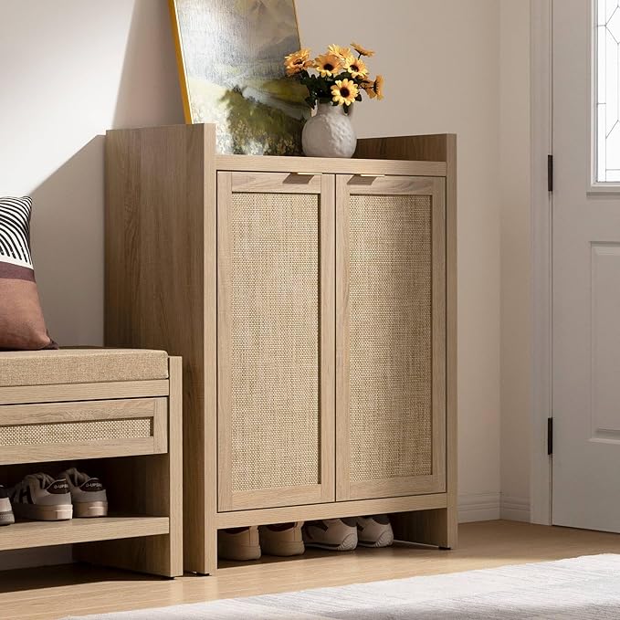 SICOTAS Shoe Cabinet, 24 Pair Shoe Storage Organizer Cabinet, 41" Tall Rattan Shoe Cabinet with Doors and Shelves, 6-Tier Farmhouse Boho Wooden Storage Cabinet for Entryway Hallway Closet, Light Oak