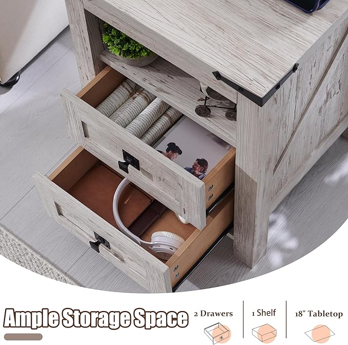 T4TREAM Nightstand with Charging Station, End Table, Side Table with 2 Drawers Storage Cabinet for Bedroom, Living Room, Farmhouse Design, Wood Rustic, Antique Brush White