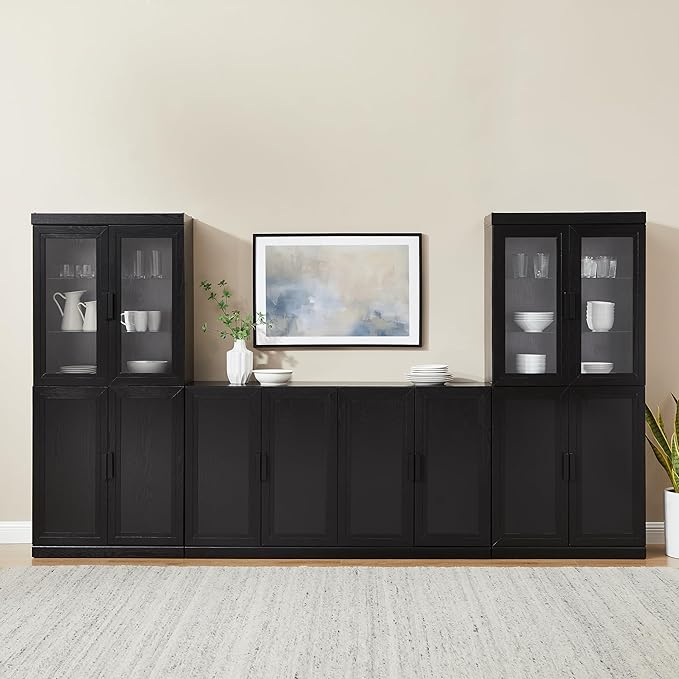 Crosley Furniture Essen 3-Piece Modern Glass Door Sideboard Buffet Cabinet and Kitchen Storage Pantry Set, Black