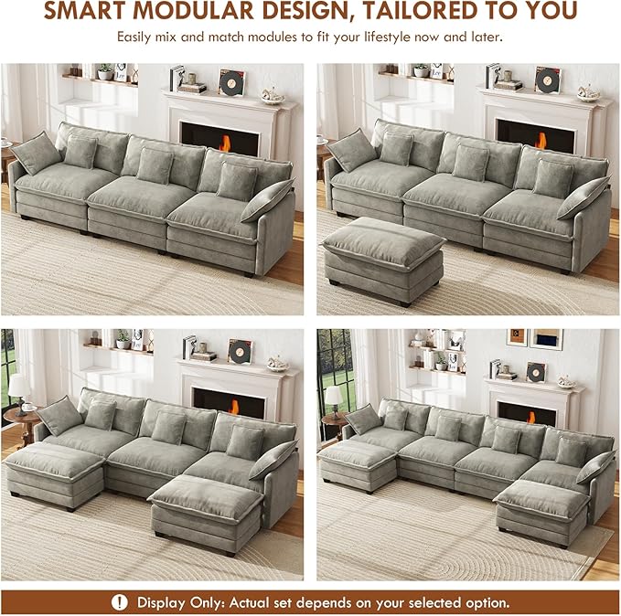 WorthFurni 111.4” Modular Sectional Sofa, U Shape Cloud Couch with 2 Movable Ottoman, Comfy Chenille Deep Seat Sofa with Soft Pillows for Apartment Living Room Bedroom（Grey）