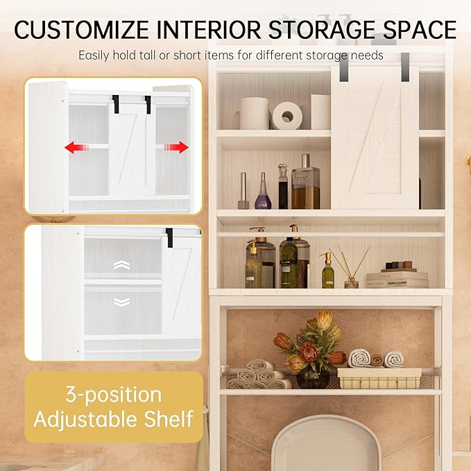 AWQM Over The Toilet Storage CabinetFreestanding Bathroom Organizer with AdjustableShelf & Paper Hook,Space-Saving Toilet Rack,White Retro Style (White, Sliding Door)
