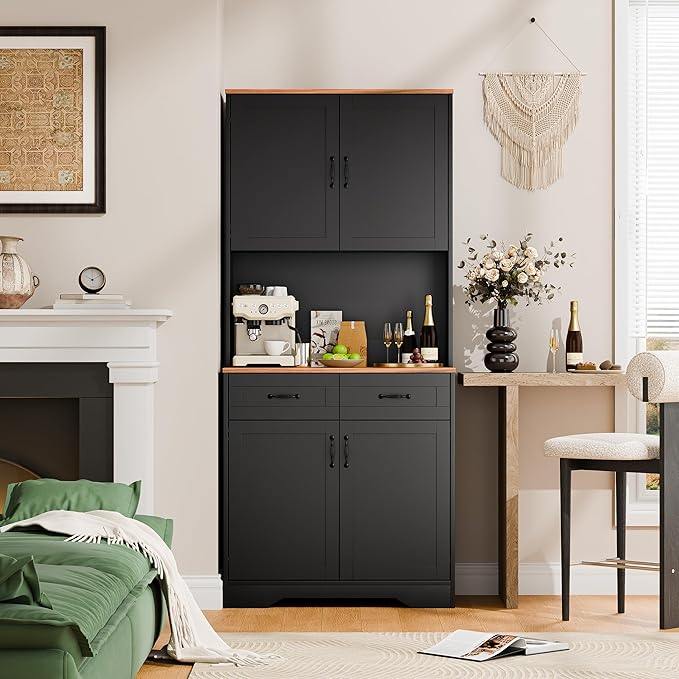 Cozy Castle Pantry Cabinet, Farmhouse Kitchen Hutch Cabinet with Storage Drawers Freestanding Coffee Bar Liquor Sideboard Large Countertop Cupboard for Dining Room, Living Room, 71'' Tall Black