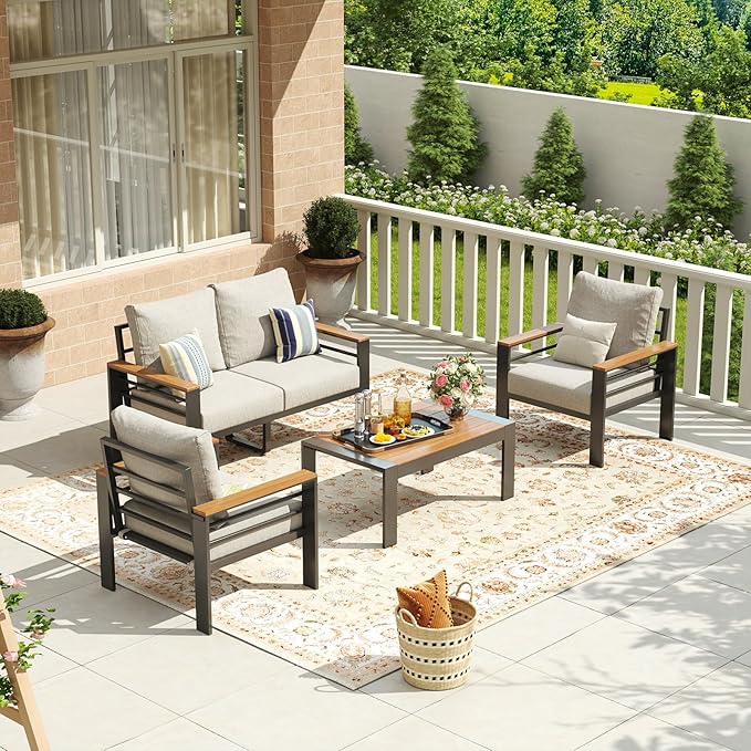 Aoxun Aluminum Patio Furniture Set 4 Seats, Oversized Outdoor Sectional with Washable Thick Cushions, Coffee Table and Waterproof Cover, Patio Conversation Sets for Porch, Balcony, Deck