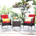 COSTWAY 3 Pieces Patio Rattan Furniture Set, Outdoor Conversation Chair Set with Coffee Table & 2 Cushions for Backyard, Porch, Poolside, Lawn, Garden, Red