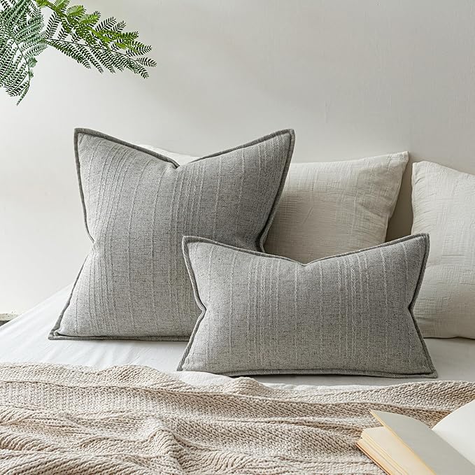 a moment Linen Pillow Covers Set of 2,Boho Farmhouse Throw Pillowcases Neutral Textured Decorative Covers for Couch Sofa Bed, Soft Linen Blend Accent Case Cushion Home Decor 20"x12"Light Grey