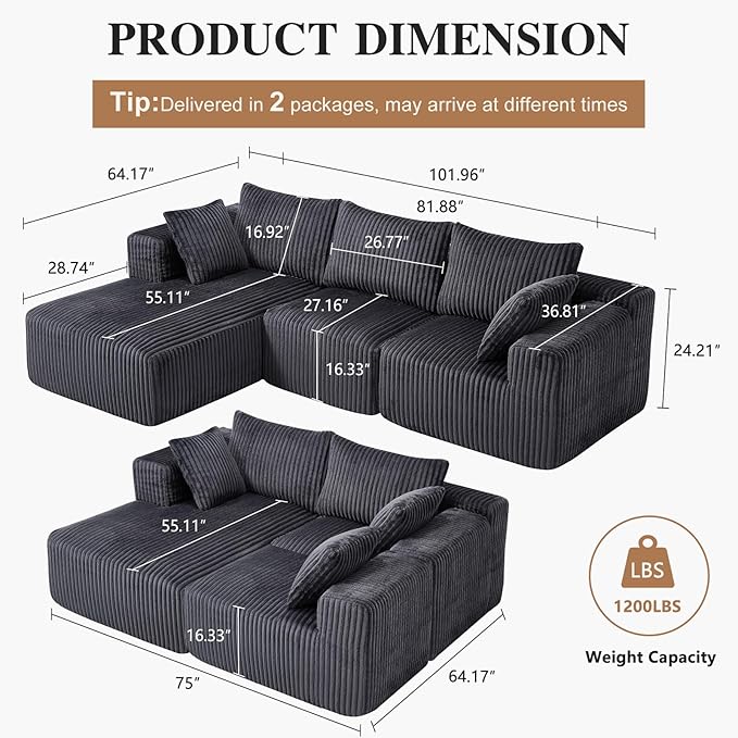 102" Modular Sectional Sofa, L-Shape Cloud Sectional Couch with Deep Seat, 3 Seat Memory Foam Comfy Boneless Couches for Living Room Bedroom, No Assembly Required, Grey
