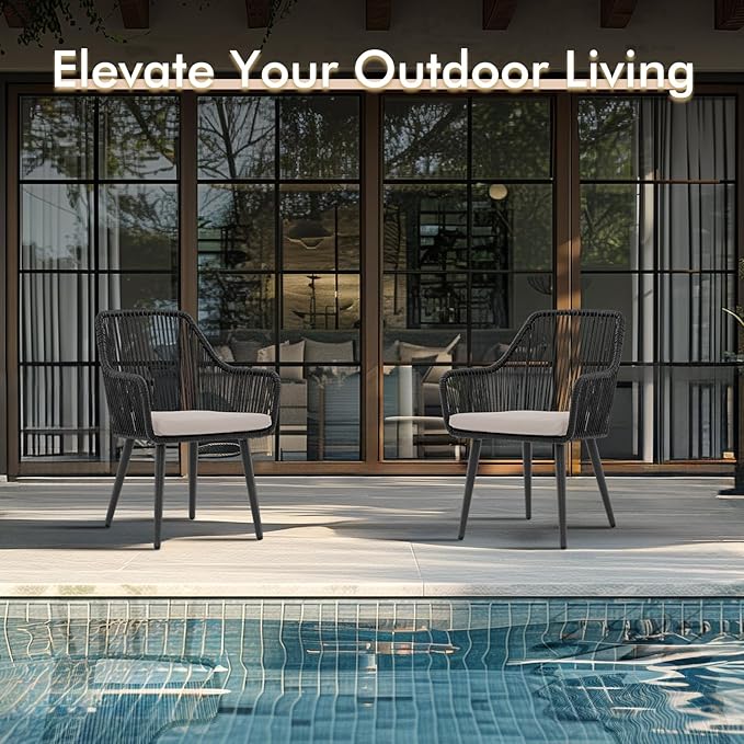 JOIVI Patio Dining Chairs Set of 2, Outdoor Rattan Chairs with Armrest and Cushions for Outside Lawn, Garden, Backyard, Indoor, Outdoor Dining Chairs, 350lb Weight Capacity, Black Patio Chairs