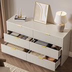 3-Piece Dresser Bedroom Set, 6 Drawer Dresser & 3 Drawer Nightstands with Gold Handles, Fluted Wood Chest of Drawers for Bedroom, Living Room, Entryway, Beige