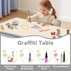 Kids Study Table and Chairs Set, Height Adjustable Toddler Table and Chair Set for Kids Ages 3-8, 31.5" L x 23.6" W Graffiti Desktop Plastic Children Art Table with 2 Seats, Grey