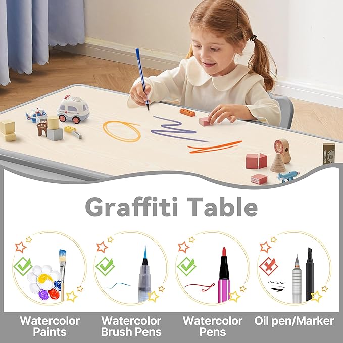 Kids Study Table and Chairs Set, Height Adjustable Toddler Table and Chair Set for Kids Ages 3-8, 31.5" L x 23.6" W Graffiti Desktop Plastic Children Art Table with 2 Seats, Grey