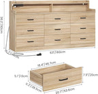 Bigbiglife 9 Drawer Dresser with Built-in Power Outlet, Mid Century Modern Chest of Drawers for Bedroom,63'' Triple Wide Dresser Storage Cabinet for Closet, Living Room, Entryway,Light Wood