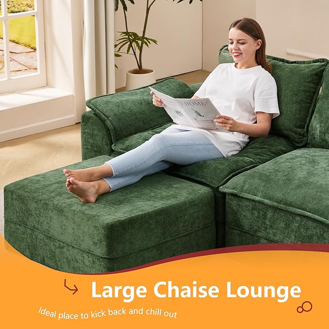 Hobestluk Cloud Modular Sectional Couch 4-Seater Sofa with Ottoman L Shaped Couch Deep Seat Sofa with Removable Cover Large Sofa for Living Room (Green, 4-Seater Sofa with One Ottoman)