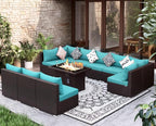NICESOUL Modern Outdoor Couches with Firepit Table Propane/Natural Gas, 29.3'' High Back Comfy Conversation Set with Fireplace, 10 Seater Large Wide Patio Furniture Set, Brown Rattan and Teal Cushion