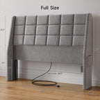 ONBRILL Ergonomic Upholstered Full Size Headboard w/Charging Station, Linen Wingback Headboards w/Storage Pocket, Full Headboard Only, Bed Frame Adapters, Sturdy Solid Wood Bed Head Board, Light Grey