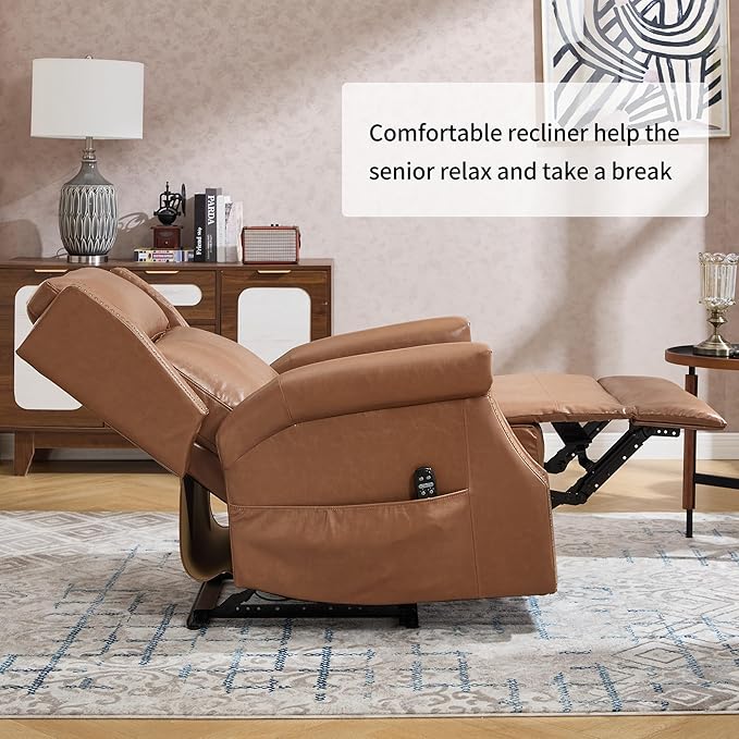 Manual Recliner Chair with Massage & Lumbar Heat, Breathable Leather Reclining Chair for Adults, Humanized Design Easy to Install Living Room Recliners Camel Brown