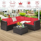 Tangkula 6 Pieces Patio Furniture Set, Outdoor Rattan Sofa Set, Wicker Conversation Set w/Tempered Glass Coffee Table & Cushions, Sectional Sofa Set for Backyard, Garden, Balcony, Poolside (Red)