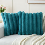 FUTEI Teal Decorative Throw Pillow Covers 26x26 Inch Set of 2, Square Soft Faux Rabbit Fur Thick Striped Euro Pillow Shams,Winter Home Decor for Couch Bed Living Room