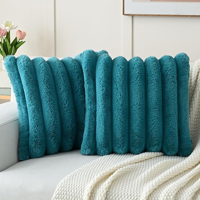 FUTEI Teal Decorative Throw Pillow Covers 26x26 Inch Set of 2, Square Soft Faux Rabbit Fur Thick Striped Euro Pillow Shams,Winter Home Decor for Couch Bed Living Room
