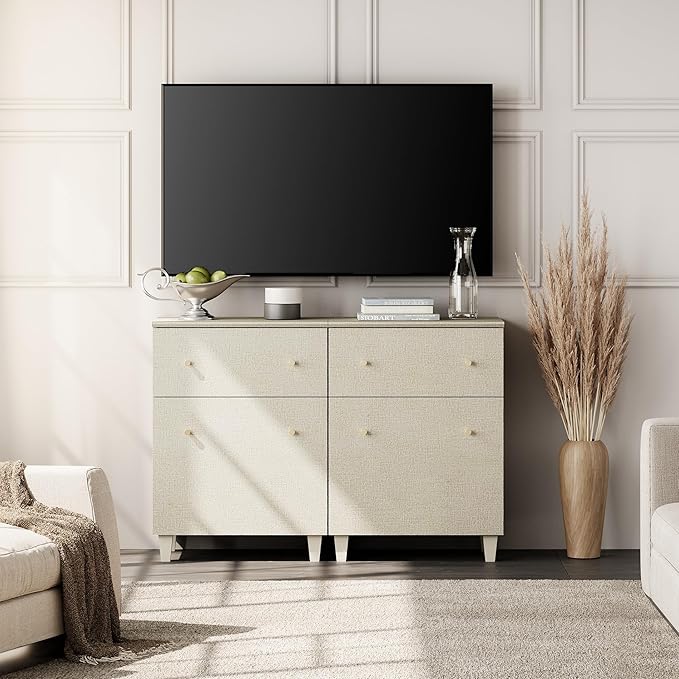 WAMPAT Storage Cabinets with Drawers and Doors, 2-in-1 Living Room Beige Wood Side Cabinets Floor Storage Organizer with Adjustable Shelf for Dining Room, Kitchen, Entryway, Hallway, 47.2x15.3x32.4