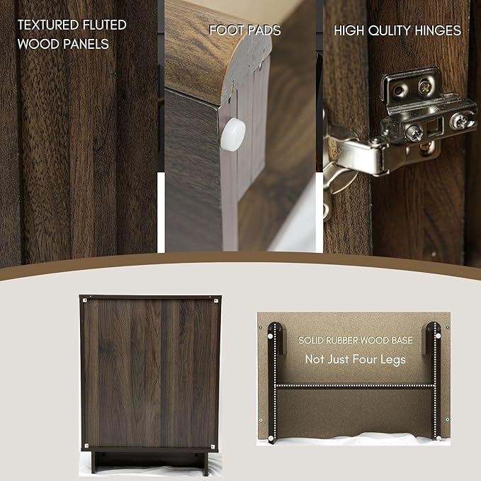 Sideboard Buffet Cabinet with Storage, Walnut Freestanding Floor Cabinet Farmhouse Sideboard with 2 Fluted Doors Wooden Hallway Cabinet Media Console Table Credenza for Living Room Dining Room, 2PCS