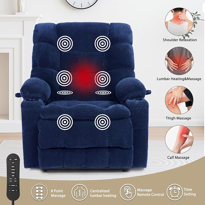 EONIX Dual Motor Lay Flat Power Lift Recliner Chair for Elderly, 400lbs Heavy Duty Recliner Lift Chairs for Adults, Chair Lift Recliner Sofa with Cup Holders, Heat and Massage, Navy Blue