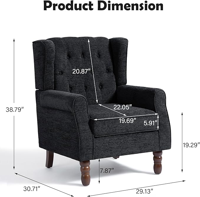 Mid-Century Modern 2-Piece Wingback Chair Set - Plush Upholstered Accent Chairs with Solid Wood Legs, High Back Lounge Seating for Living Room, Bedroom & Office - Retro Matched Pair (Bluish Black)