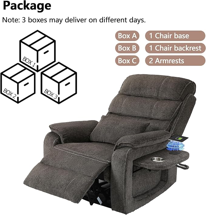 Lift Chair Lay Flat Recliner Heat Massage Dual Motor Infinite Position Power Recliners with Left Side Tray Table-Wireless Charger,Cup Holder (Dark Grey Chenille Fabric)