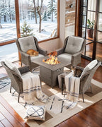 Outdoor Patio Chairs with Fire Pit Table 5 Piece Set - High Back Brown Wicker Rattan Lawn Chair with Thick Cushion for Porch Apartment Deck Yard Poolside Garden - Beige