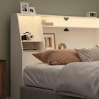 Queen/Full Headboard Queen Size with Storage, Wood Bookcase Headboard with Charging Station & 2 LED Lights, Modern Headboard Only for Queen Size Bed, Noise-Free, Sturdy and Durable, White