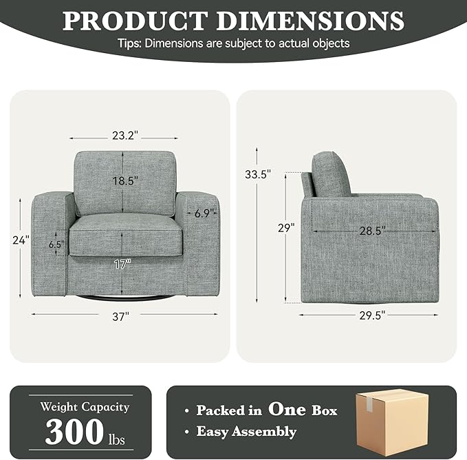 Swivel Accent Sofa Chair Set of 4, Modern Comfy Oversized Upholstered Cushion Back Armchair in Linen 1pcs for Living Room, Bedroom, Reading Room(Gray)