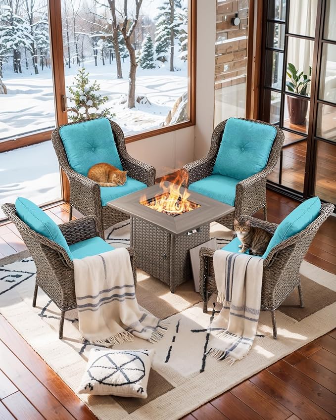 Patio Wicker Chairs Outdoor Furniture Chair - Set of 4 Outside All Weather Lawn Dining Brown Rattan Armchair with High Back&Deep Seating for Deck Porch Balcony Backyard Garden - Turqoise