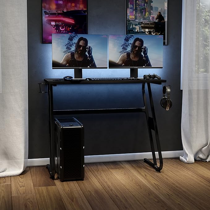 Flash Furniture Fisher Gaming Desk - Black Ergonomic Computer Desk - 51.5" Gamers Table with Cup Holder and Headphone Hook
