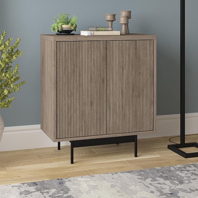Henn&Hart 28" Fluted Wooden Accent Cabinet, Modern Ribbed Sideboard Buffet Cabinet with 2 Doors and an Adjustable Shelf for Living Room, Dining Room, Bedroom or Entryway, Antiqued Gray Oak