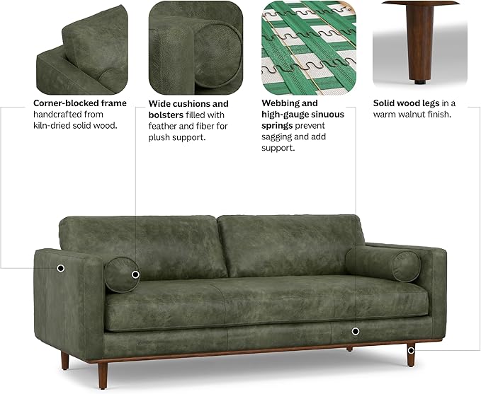 SIMPLIHOME Morrison 89-inch Wide Sofa in Moss Green Genuine Leather, Mid-Century Modern Design Couch for Living Room, Single Bench Cushion, 2 Back Cushions, 2 Bolster Pillows