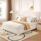 Full Size Cloud Bed Frame, Upholstered Boucle Platform Bed with Adjustable Headboard, Anti-Collision Soft Rounded Corners, Noise Free, Easy Assembly, White