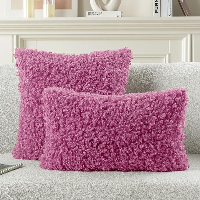 FUTEI Hot Pink Decorative Throw Pillow Covers 20x20 Inch Set of 2,Soft Fluffy Faux Wool Fur Boucle Textured Cushion Case,Modern Home Decor for Couch Bed Living Room Office